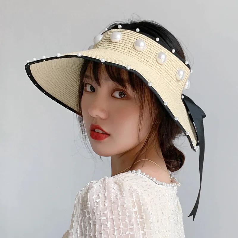 Foldable Empty Top Straw Hats For Women Summer White Imitation Pearl Beach Visor Caps UV Protction Adjustable Ribbon Sun Hat