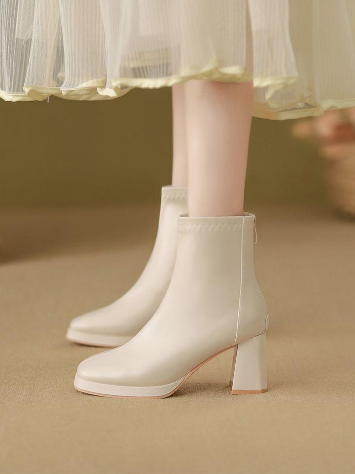 White high-heeled thin boots women's autumn 2025 new waterproof table French short boots square head small Martin boots