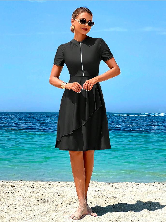 2026 Damen Badeanzug mit hohem Kragen und kurzen Ärmeln mit Rock - Konservativer Stil XL schwarz