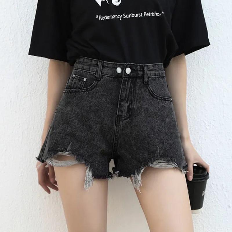 Ripped denim shorts summer new straight loose high and thin high waist wide leg jeans women