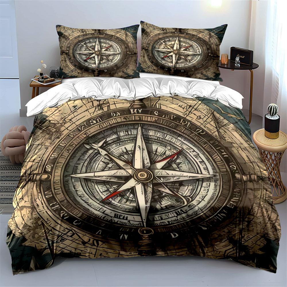 Vintage Nautical Compass Decor Set Soft Skin-Friendly Bedding Set Includes 1 Duvet Cover And 2 Pillowcase Gift