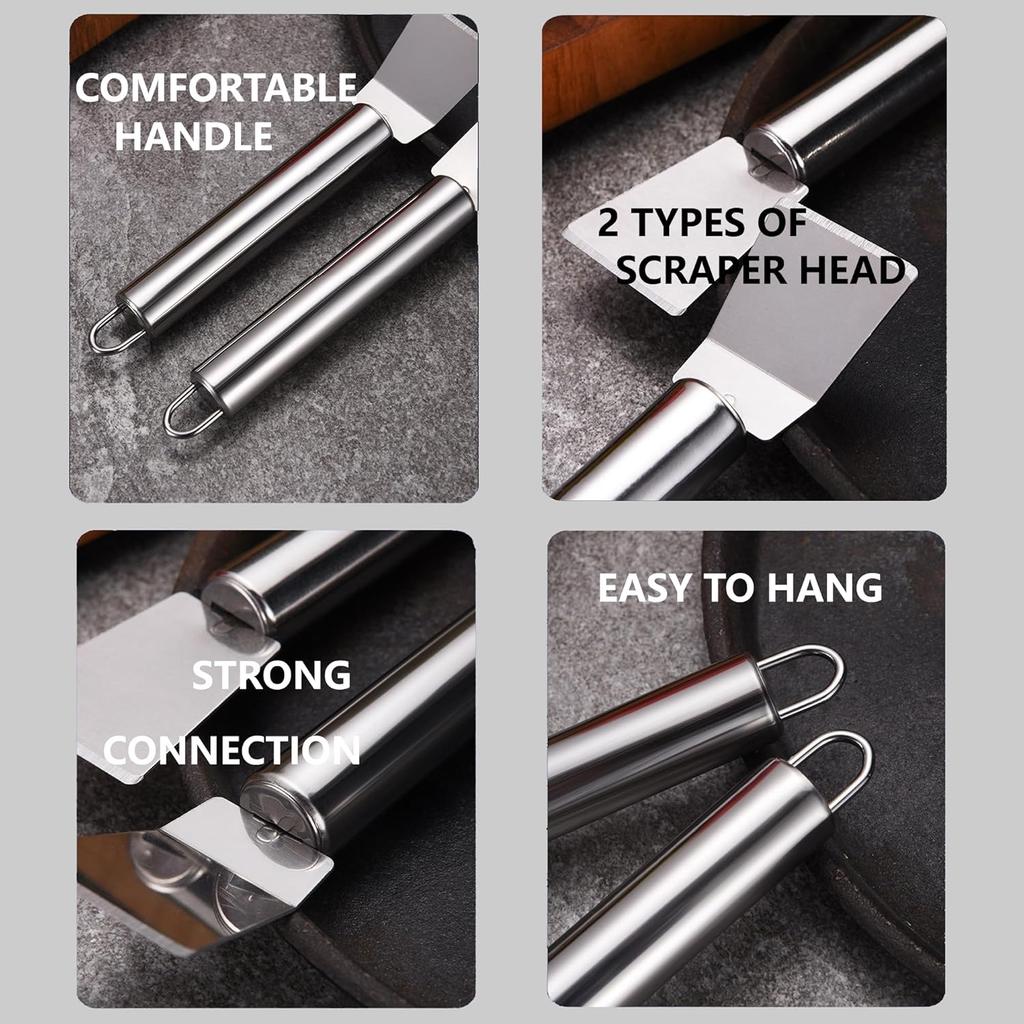 2 PCS Stainless Steel Scrapers – Multifunctional Scraper Cleaning Tool for Cookware, Stovetop, Adhesive, Oven Racks, Grout, Grill & Glass, Durable