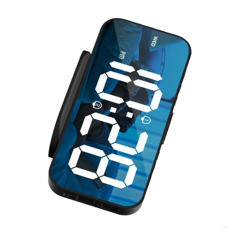 62KD 6.7Inch LED Mirrored Digital Alarm Clock with Adjusted Brightness USB 2 Alarms