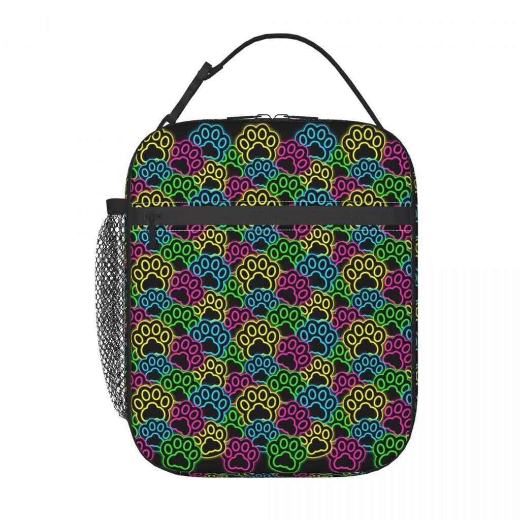 Colorful Neon Dog Paw Pattern Insulated Lunch Bag for Women Children Portable Food Boxes Thermal Lunch Box Tote