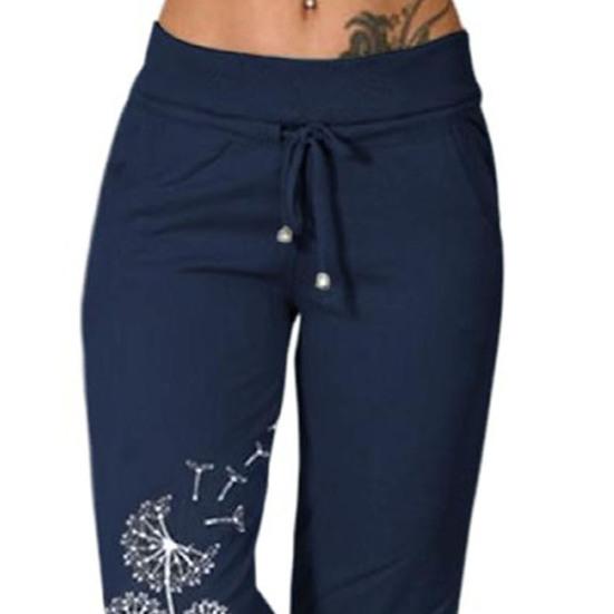 High Waist Cropped Pants Elastic Waistband Drawstring Pockets Dandelion Print Women Casual Sport Pants Streetwear