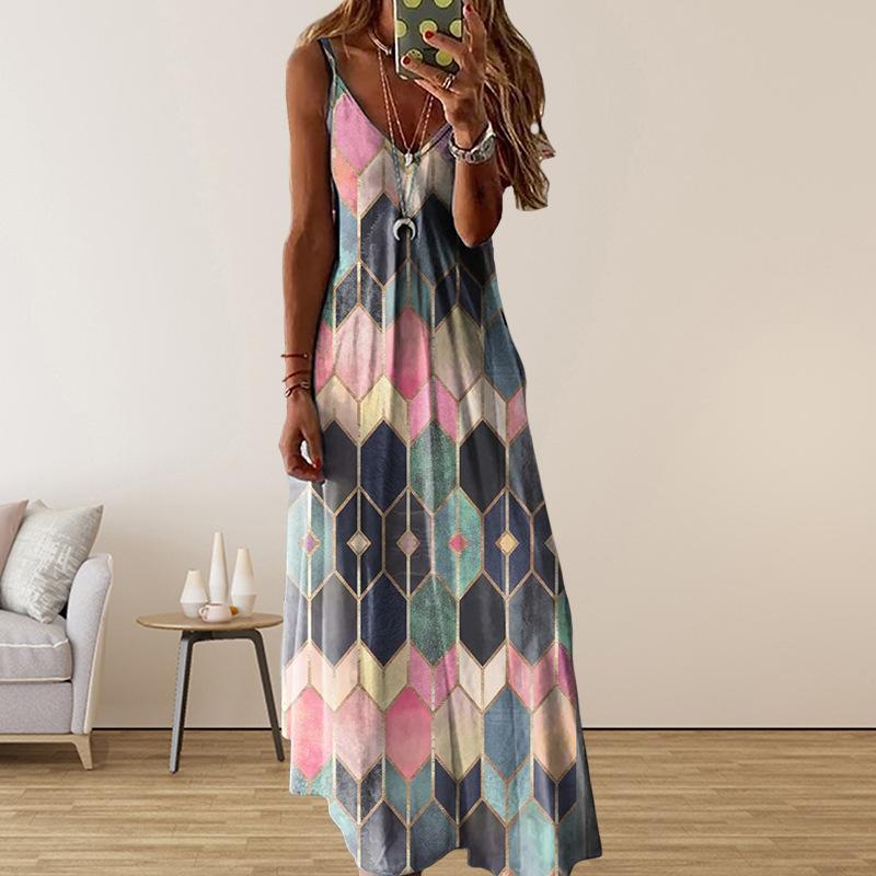 European and American women's clothing summer new fashion casual V-neck suspender dress long dress