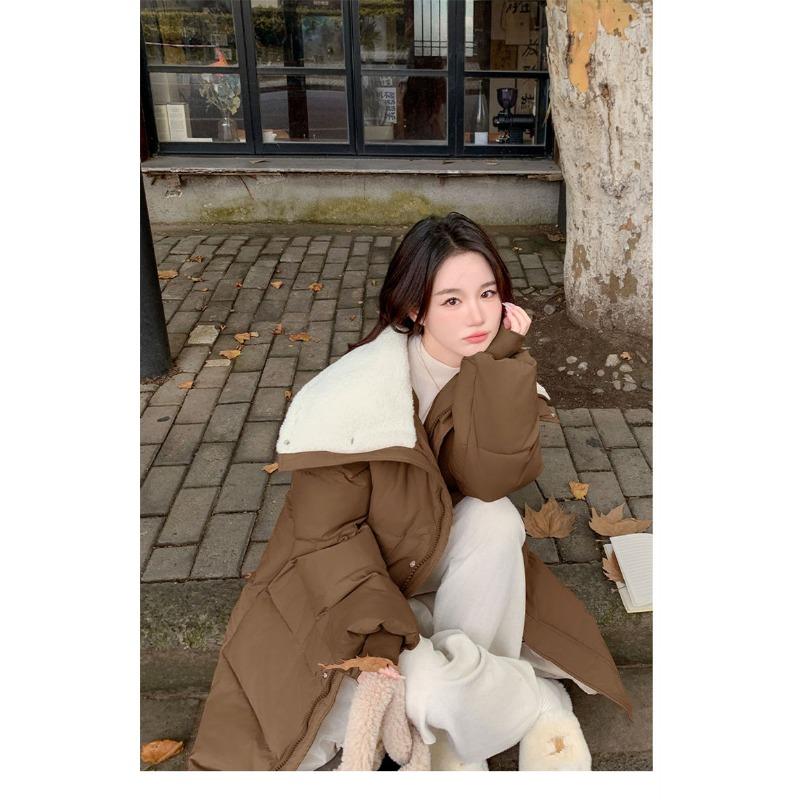 Winter Women Coat Long Length College Style Over Knee Big Collar Warm Lamb Wool Blend Jacket Trendy