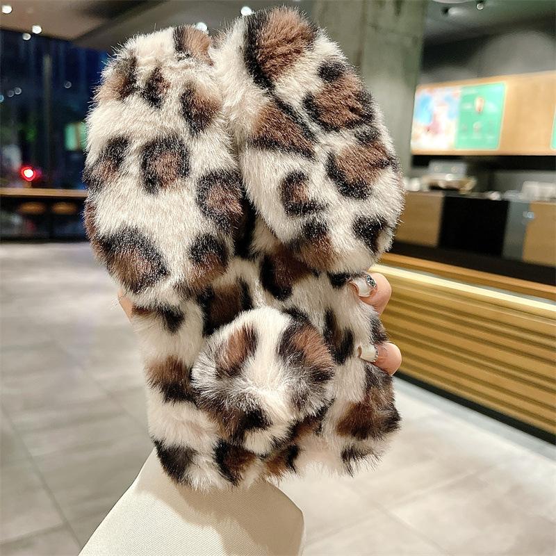Custodia in Peluche con Stampa Leopardata Cartone Animato e Pelliccia di Coniglio per iPhone 17 Air 16 13 12 11 Pro Max XS XR X 7 8 Plus Copertura Antiurto