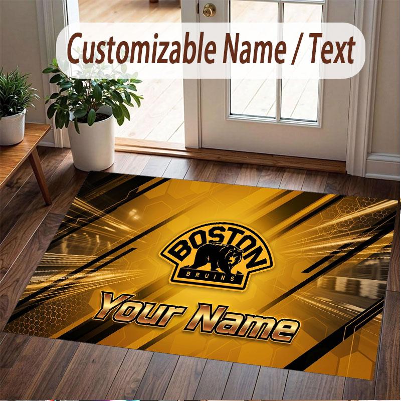 Custom Rug Boston Bruins Pattern Print Name Text Soft Non‑Slip Floor Carpet for Home Indoor Decoration
