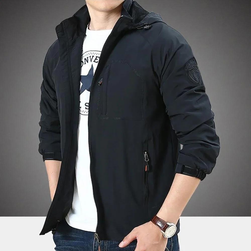 Men's Outdoor Jacket Windproof Hooded Zipper Jacket Coat Spring Autumn Waterproof Breathable Camping Hiking Outwear