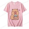 Cute Capybara Loves Bubble Tea Print Women Kids T-Shirt Summer Children's Short-sleeved Casual Pink Tops Adults Boys Girls Gifts