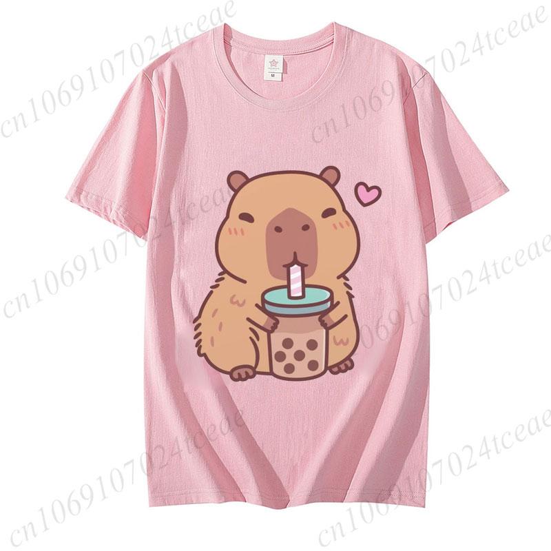 Cute Capybara Loves Bubble Tea Print Women Kids T-Shirt Summer Children's Short-sleeved Casual Pink Tops Adults Boys Girls Gifts