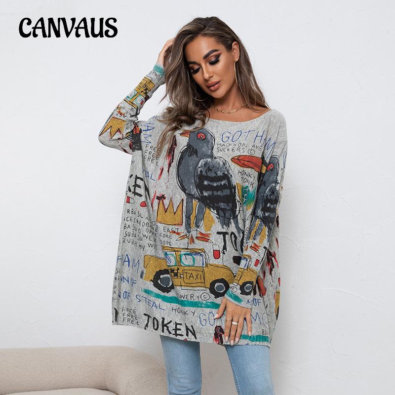 Herbst Damen Strickwaren Übergröße Cartoon Bedruckter Pullover Langarm Casual Pullover Loses Hemd Top