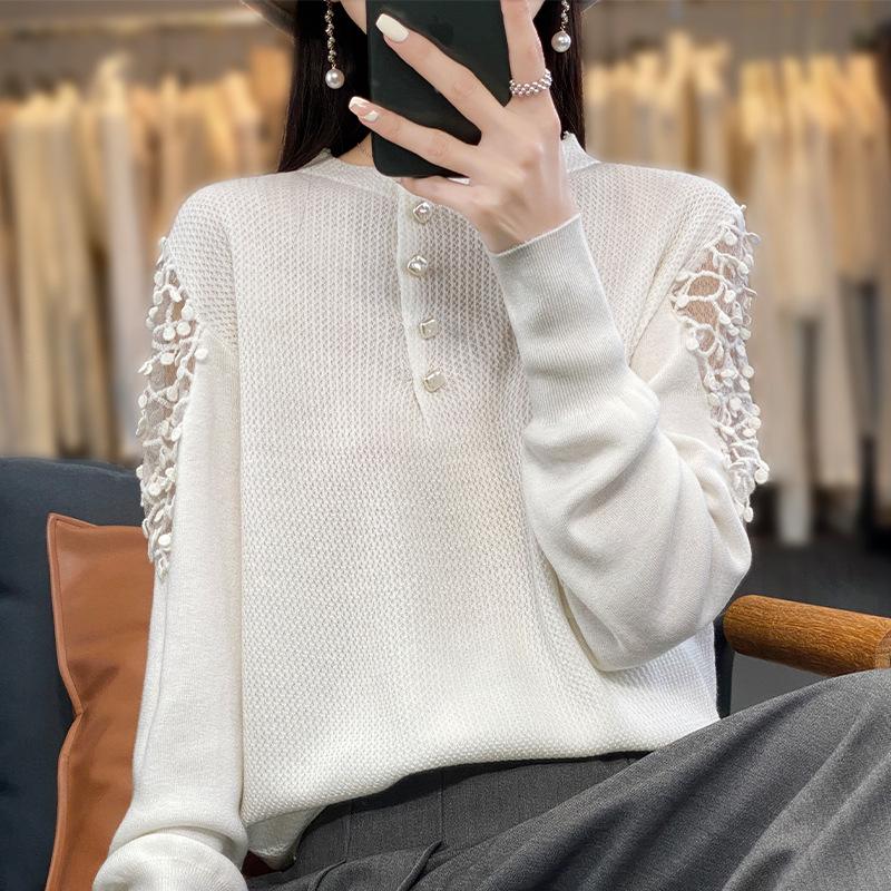 2023 Winter French Lace Mesh Button-Up Knit Top - Women's Trendy