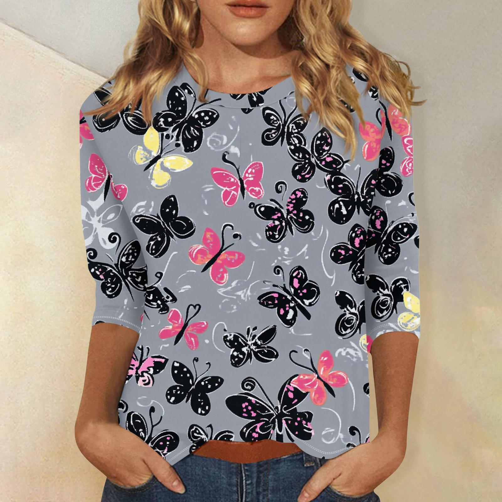 

Женская мода повседневная три четверти рукав винтажный цветочный принт круглый вырез топ XL белый