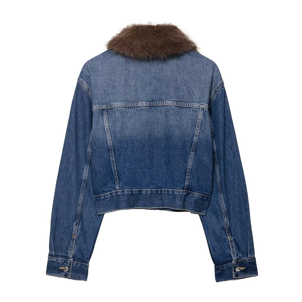 European and American style, new women's clothing, short flip-top faux fur effect denim jacket