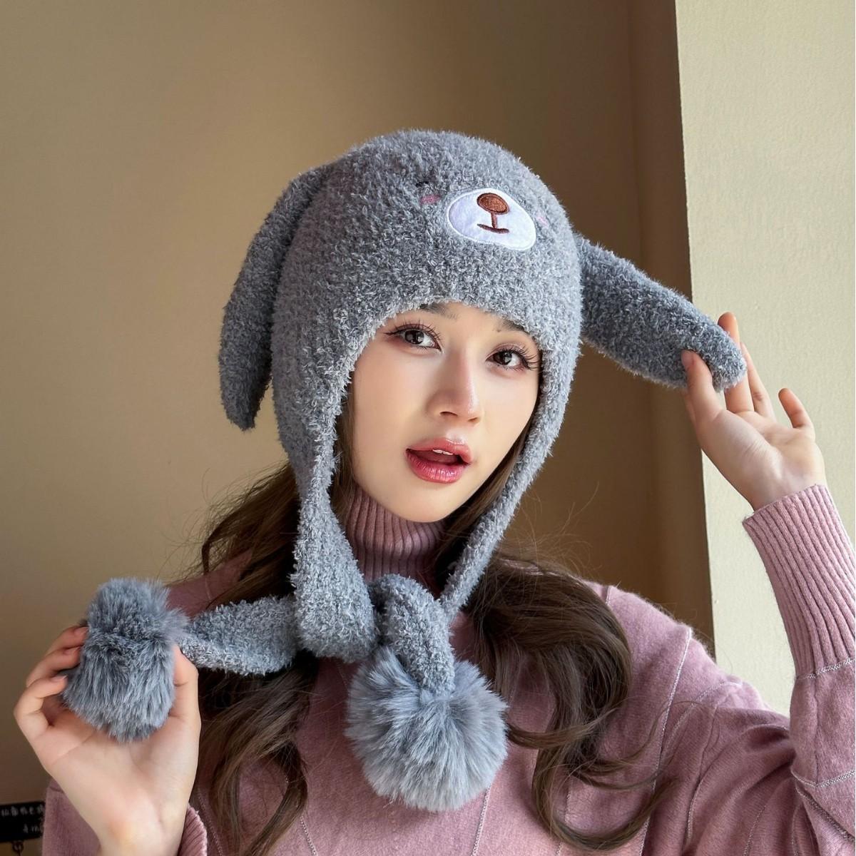 

Cute Little Bear Hat for Women In Autumn and Winter Plush New Korean Knitted Hat Versatile Warm Ear Protection Thickened Fashionable Plush one size