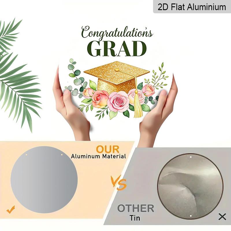 2D Flat Aluminum Graduation-themed Wall Hangings, Available in Various Sizes, Featuring Gold Glitter Graduation Caps and Watercolor-style Pink Roses