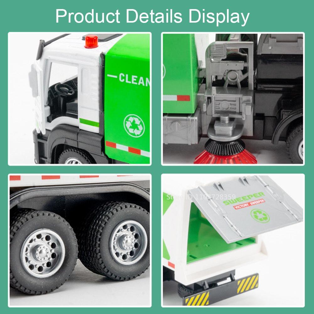 1/32 City Sweeper Model Toy Car Metal Diecast Sanitation Garbage Trucks Sound Light Pull Back Engineering for Kids Edutainment
