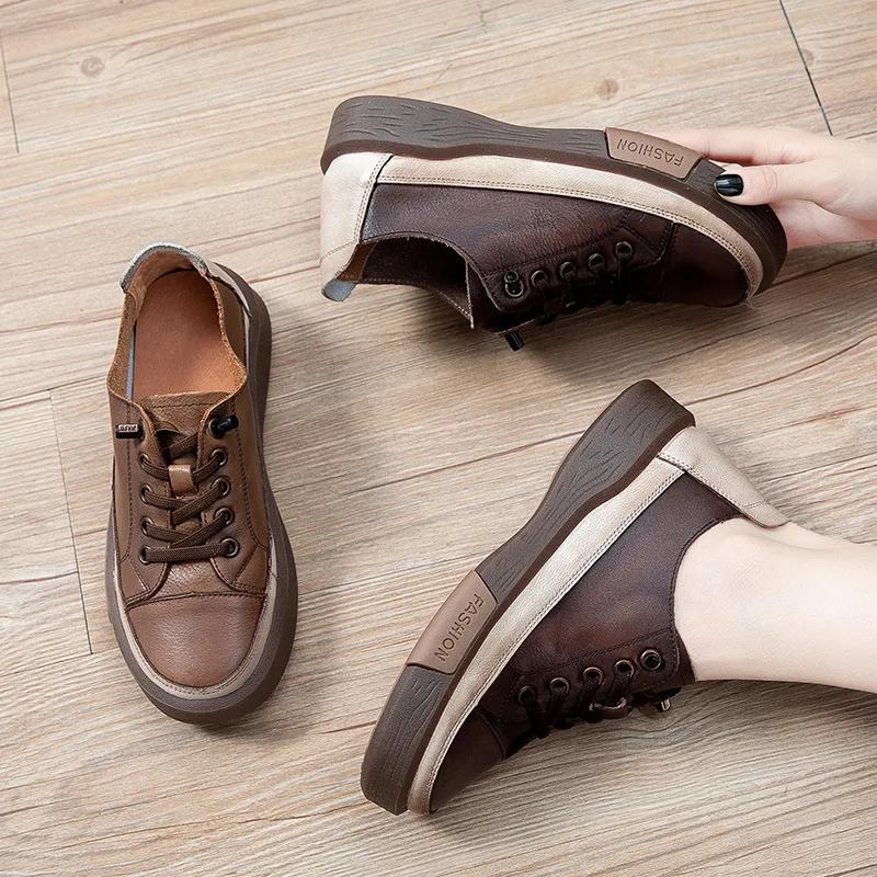 Genuine Leather Retro Women Sneakers Casual Lace Up Flat Ladies Shoes Fashion Breathable Comfort Women's Flat Shoes