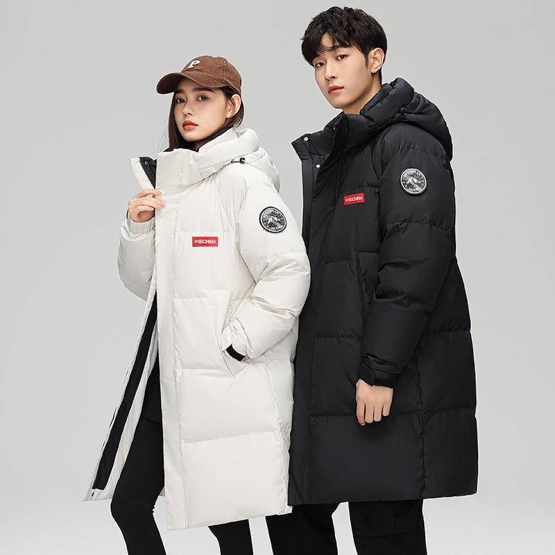 Winter New Down Jacket Men's Trend Loose Medium and Long Knee White Duck Down Couple Hooded Winter Coat