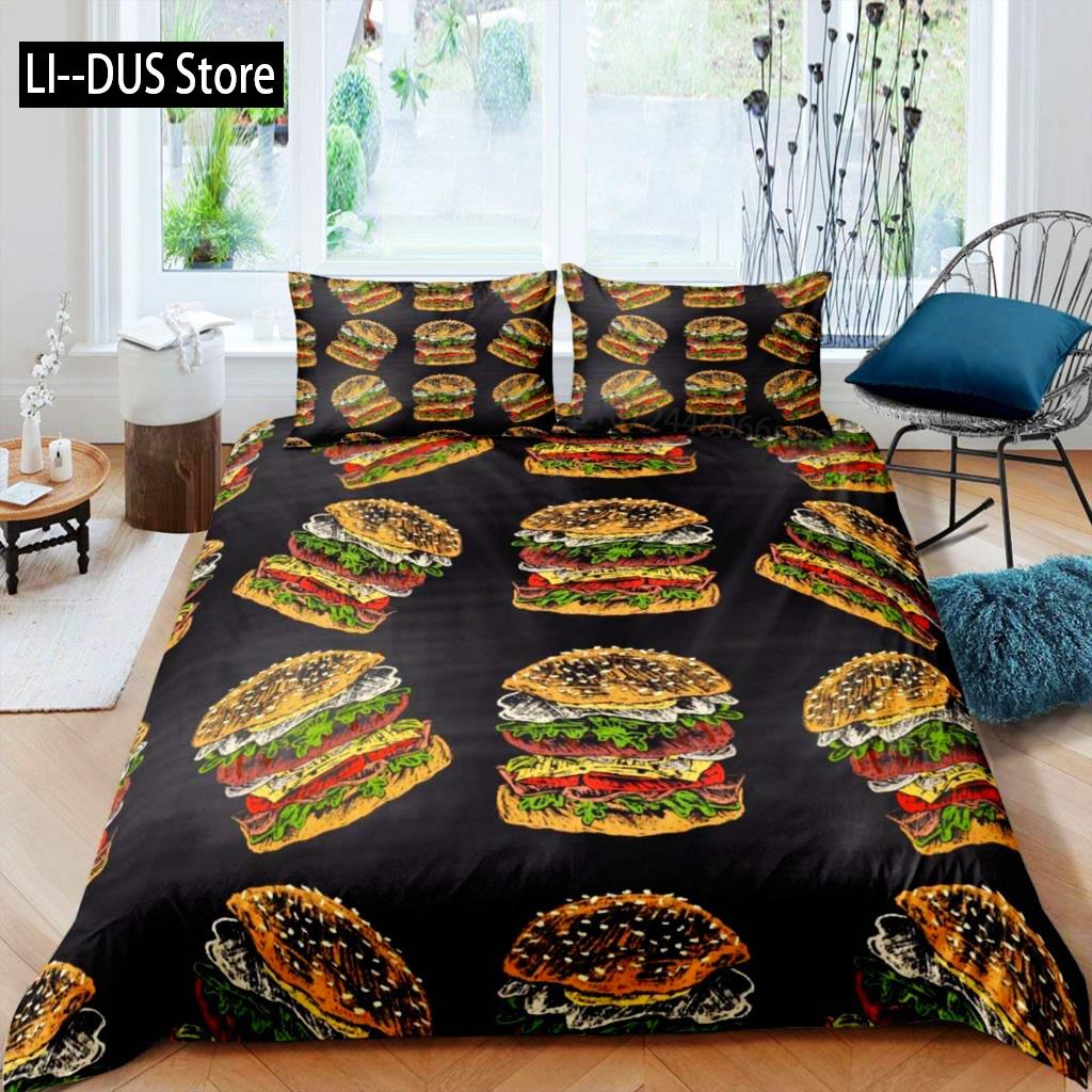 Hamburger Duvet Cover Set Meat Cheese Comforter Cover Fast Food Theme Bedding Set Cartoon Hamburg Pattern Quilt Cover For Kids