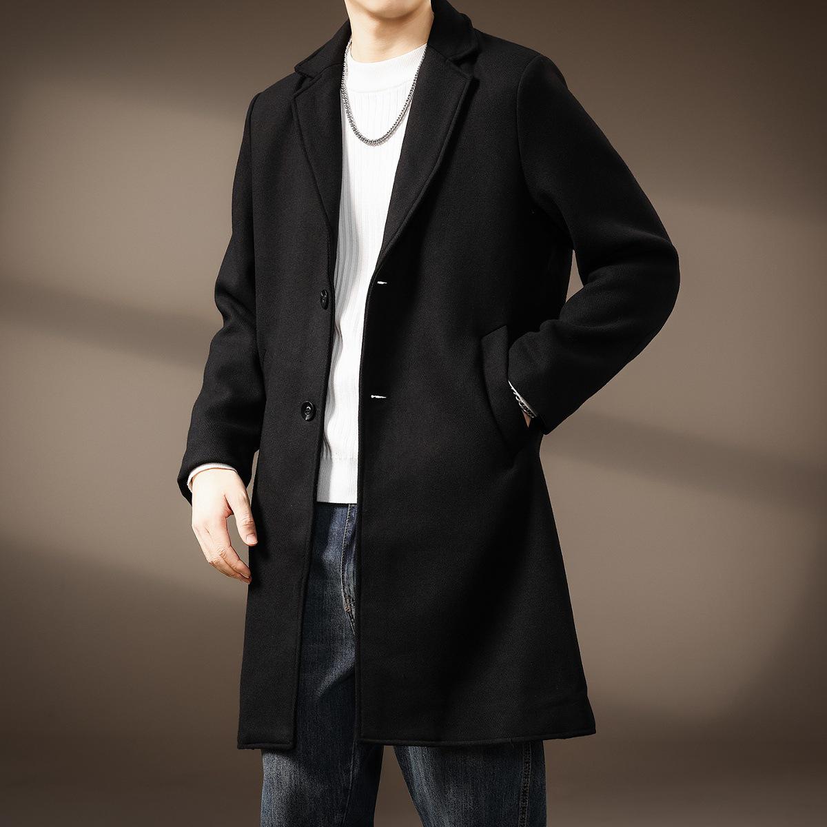 

Men s Wool Tweed Mid-Length Suit Collar Windbreaker - British Style Autumn/Winter Coat XL (145-160 jin) чорний