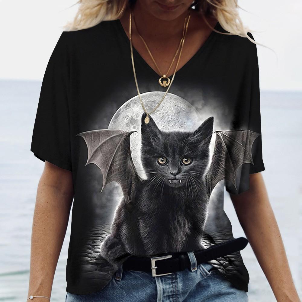 Summer 3D T-shirt Short Sleeved Cat Print Women's V-neck T-shirt
