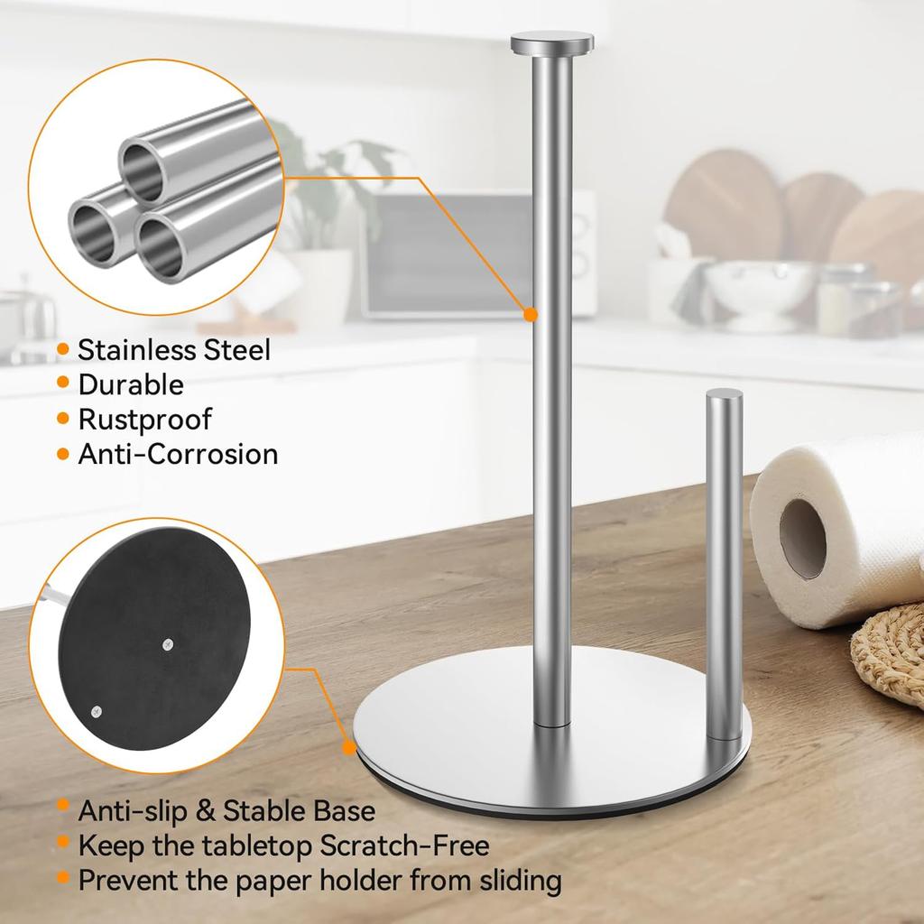 Kitchen Paper Towel Holder Stainless Steel Kitchen Roll Dispenser Countertop Roll Organizer with Weighted Base for Kitchen