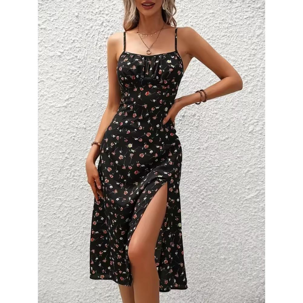2025 Estate Sexy Spaghetti Straps Dress Donna Moda Polka Dot Stampa Senza Maniche Slit Dress Boho Casual Beach Midi Abiti