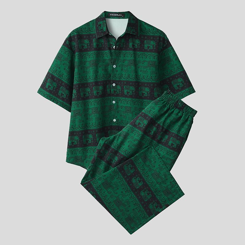 

INCERUN Две вещи Винтаж Мужские рубашки с коротким рукавом и цветочным принтом Брюки Повседневные праздничные комплекты 3XL зелёный