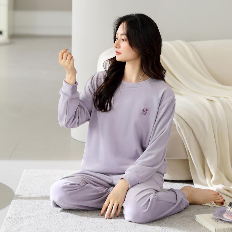 Coral Fleece Pajamas Women'S Autumn And Winter Round Neck Pullover Casual Island Fleece Warm Loungewear Set