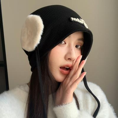 Warm Ear Protection Knitted Wool Hat with Big Head Circumference Showing Face Small Pile of Hats Versatile Head Hat
