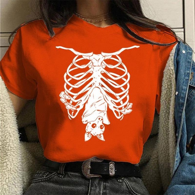 Bat Skull Skeleton Print Women T Shirt Short Sleeve O Neck Loose Women Tshirt Ladies Tee Shirt Tops Clothes Camisetas Mujer