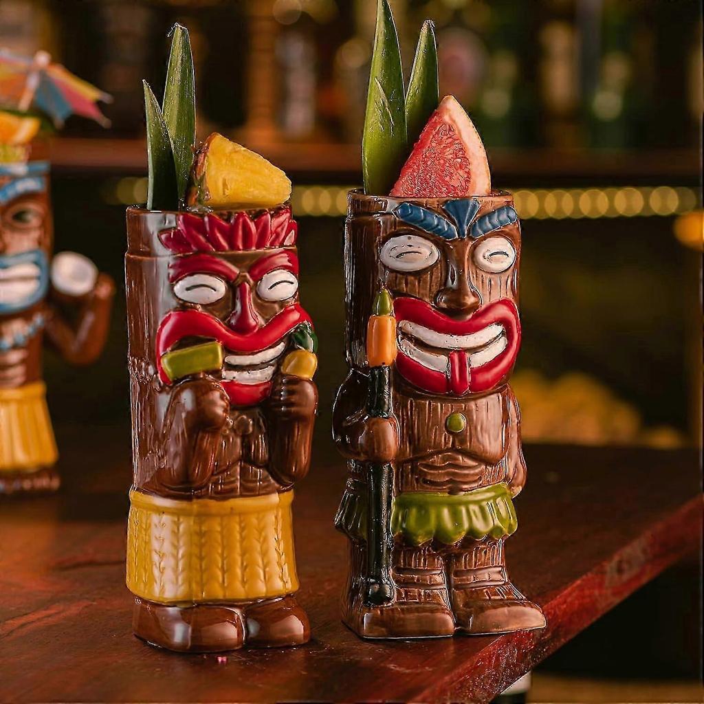 4 Set Exotic Cocktail Tiki Mugs for Tropical Party Bar, Colorful Ceramic Drinkware, 16 oz Capacity, Durable Design