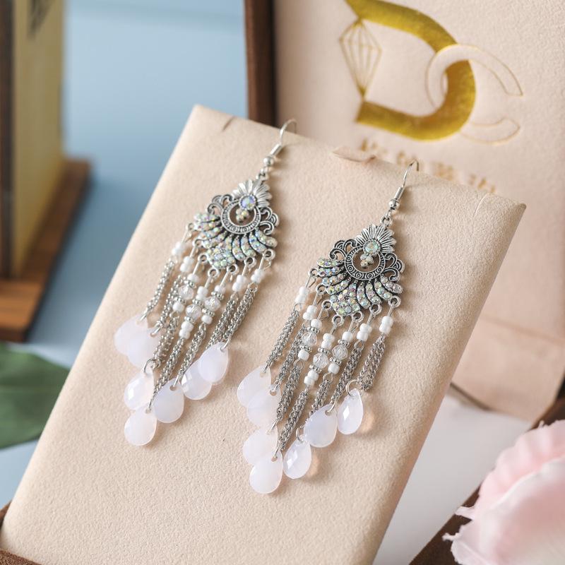 Bohemian Water Drop Rhinestone Earrings with Multi-Layer Beads - Retro Fan-Shaped Dangle Design