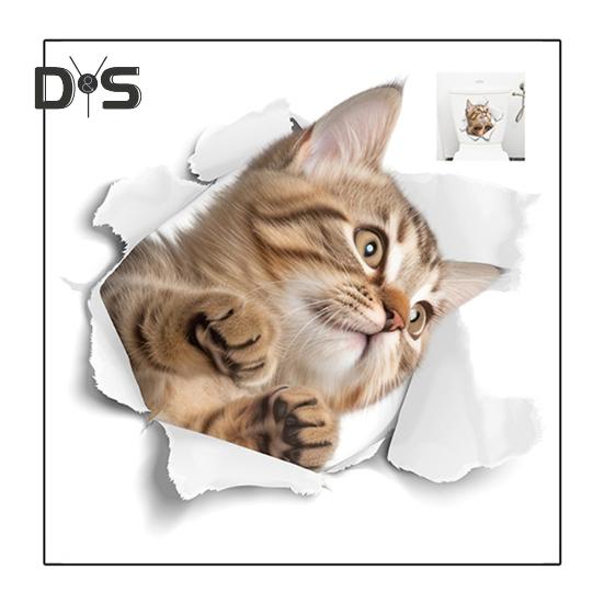 

3D Проходная наклейка на кошачий туалет, съемная, самоклеящаяся, водонепроницаемая, ПВХ, настенное искусство для гостиной, ванной комнаты, сломанное отверстие, украшение для крышки унитаза с изображением котенка Cat