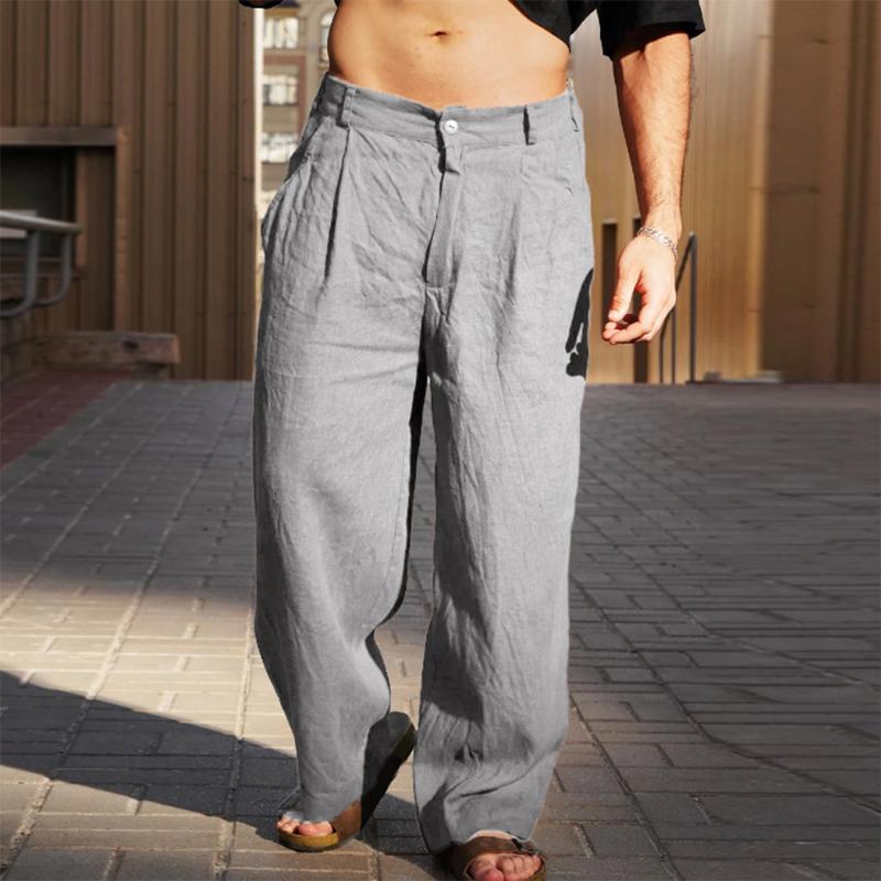 Pantaloni larghi dritti da uomo, casual, autunnali, larghi, tinta unita, in cotone e lino, vintage, a vita media