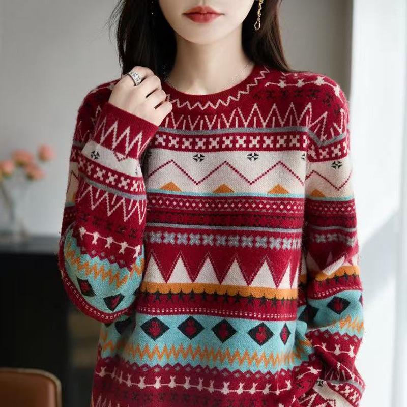 Versatile Ethnic Style Color Block Knit Cardigan Sweater for Women - Round Neck, Retro, Multi-Season
