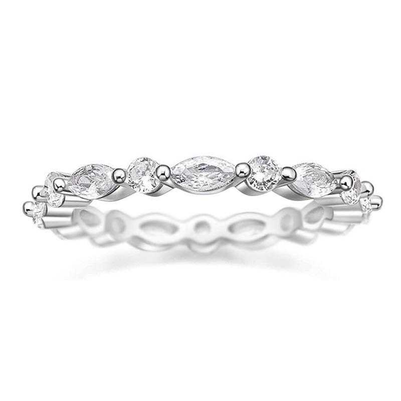 Minimalist Silver Tone Eternity Band Ring with Alternating Marquise and Round Cut Cubic Zirconia Stackable Fashion Ring no. 6 белый