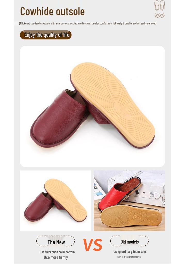 Closed-Toe Cowhide Slippers with Thickened Non-Slip Sole for All Seasons