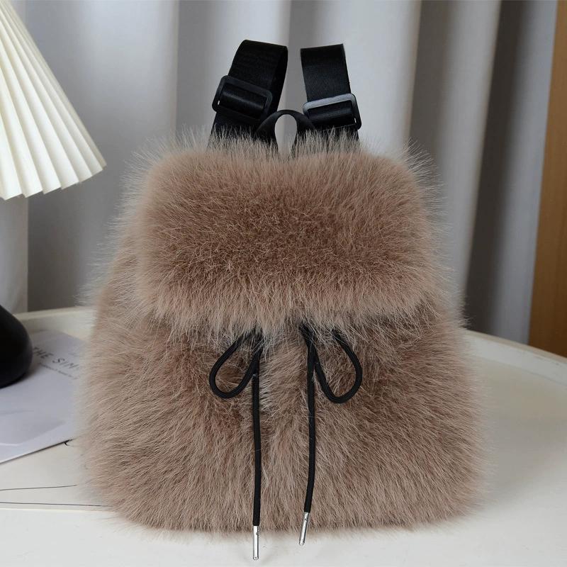 Plush Backpack Women Small Cute Drawstring Fluffy Bag Solid Color Soft Knapsack Winter Warm Faux Fur Shoulder Backpack KTB