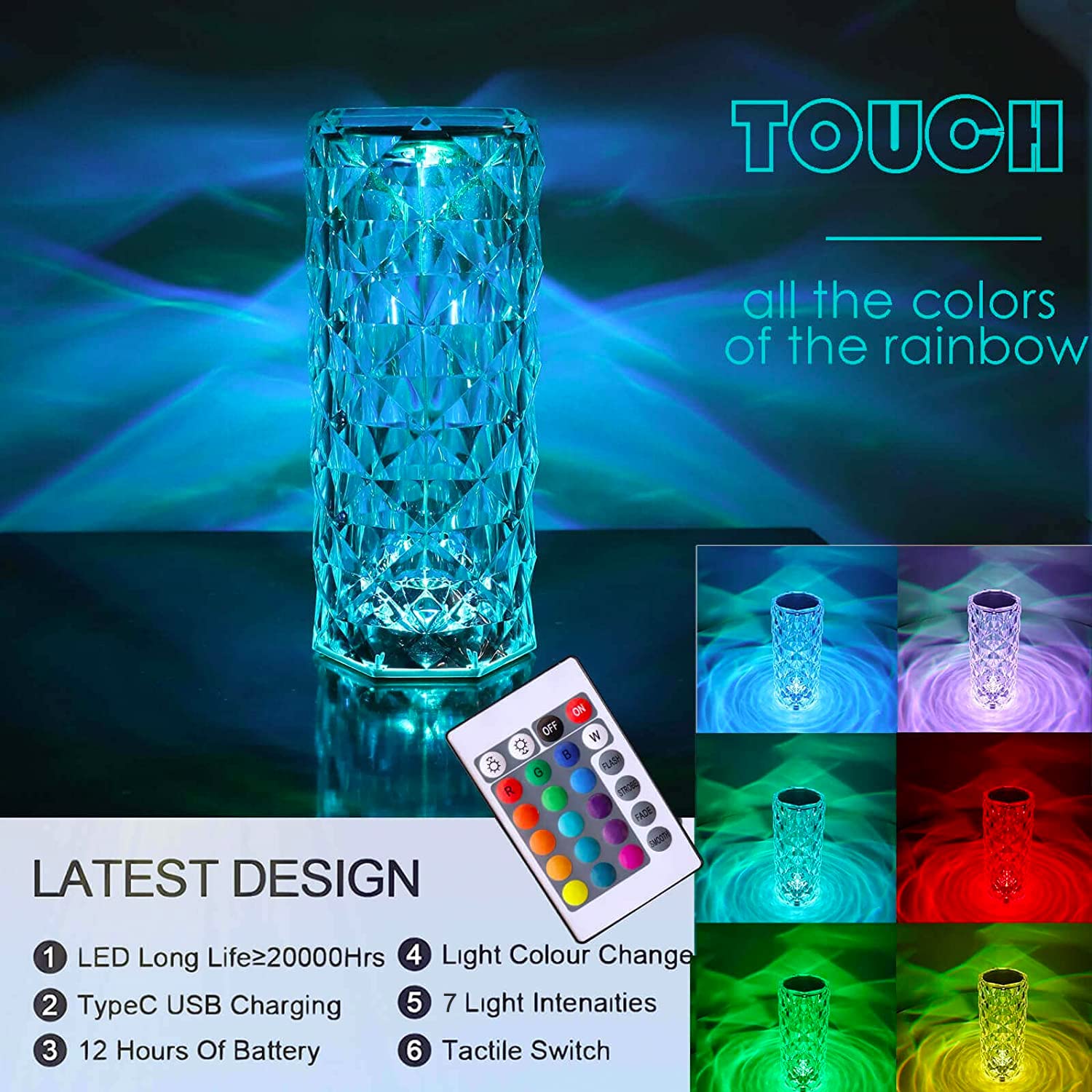 

Rechargeable 16 Colors RGB Rose LED Night Light Color Changing Crystal Touch Table Lamp For Bedroom Nightstand Christmas Decor changeable&MULTI белый