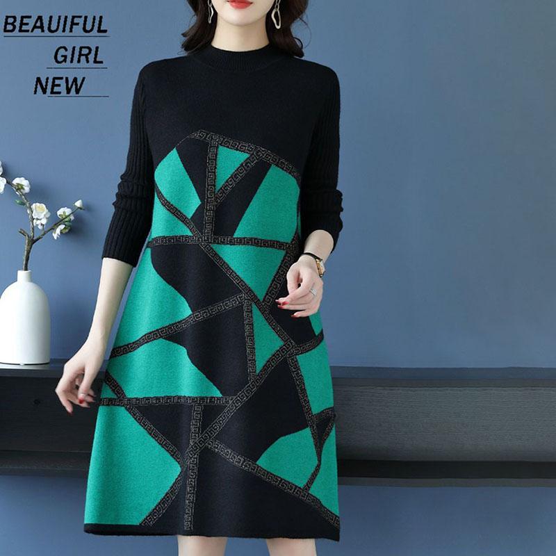 Autumn Winter Women's Plus Size Sweater Dress Loose Pullover Color-Block Knit Midi Dress Thick A-line Sweater Dress