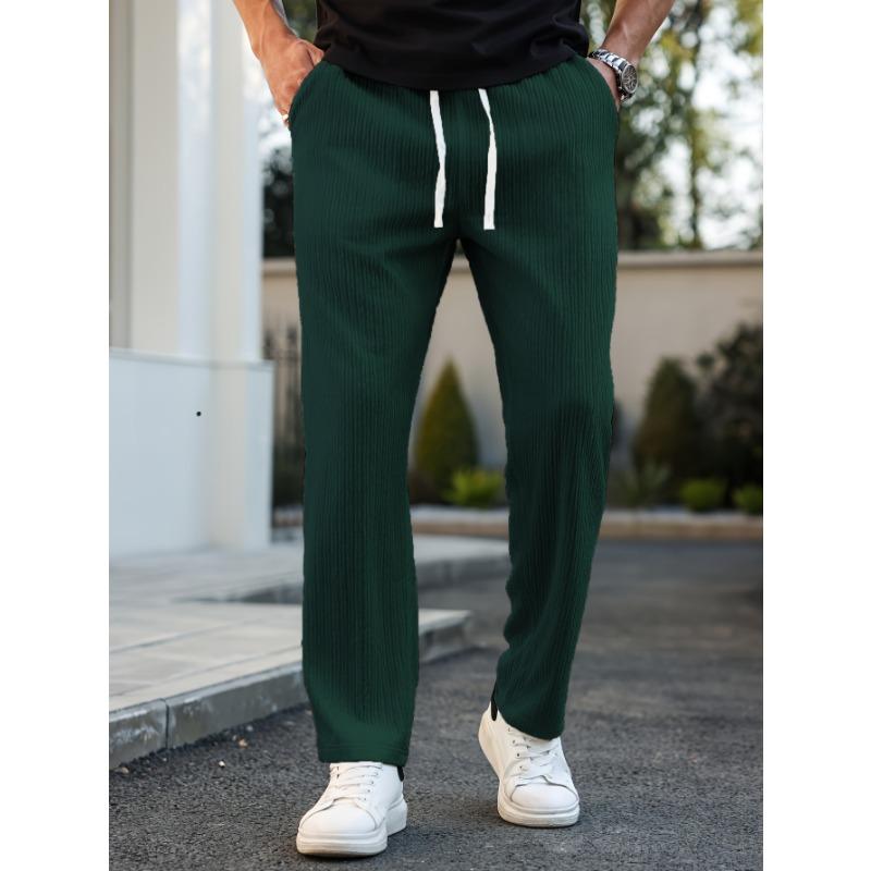 Men Drawstring Elastic Waist Textured Straight Leg Pants Loose Casual Lightweight Trousers