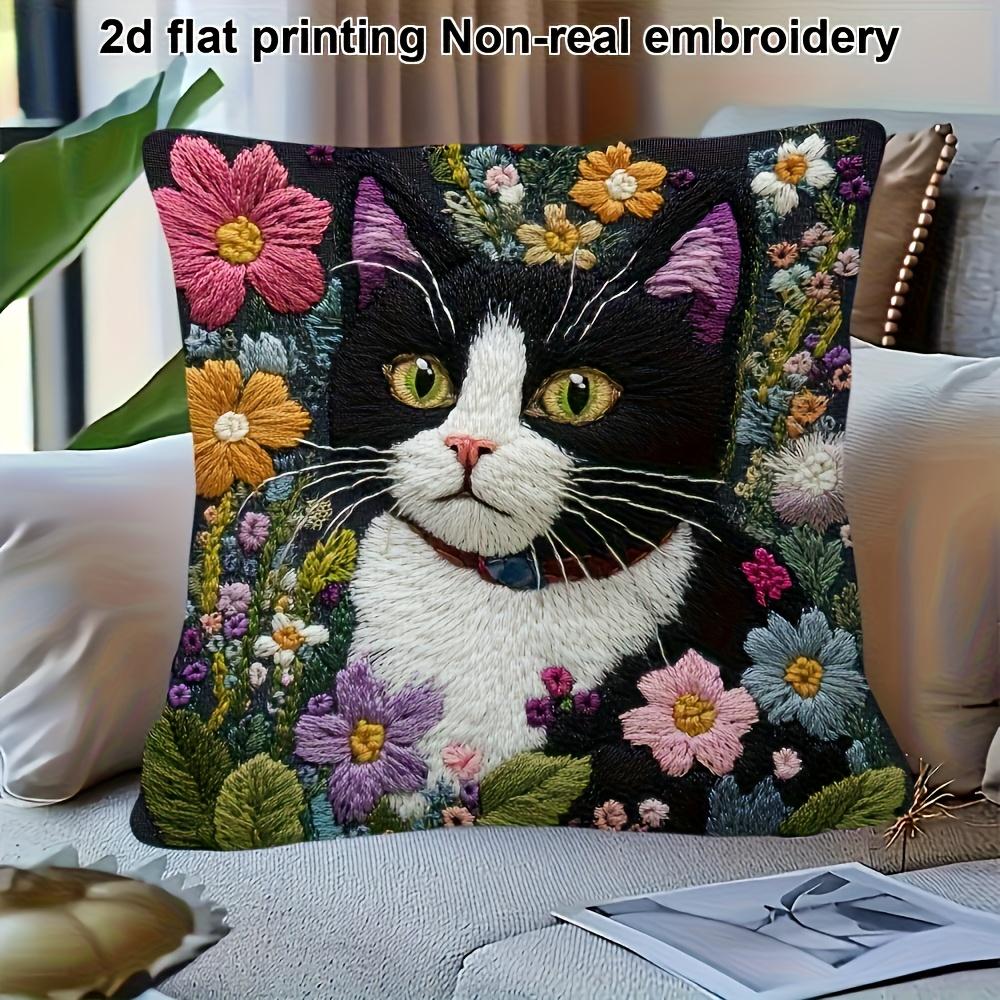 2D Flat- Vintage Floral Tuxedo Cat Throw Pillow Cover Boho Botanical Cottagecore Cushion Case For Home Bedroom Living Decor