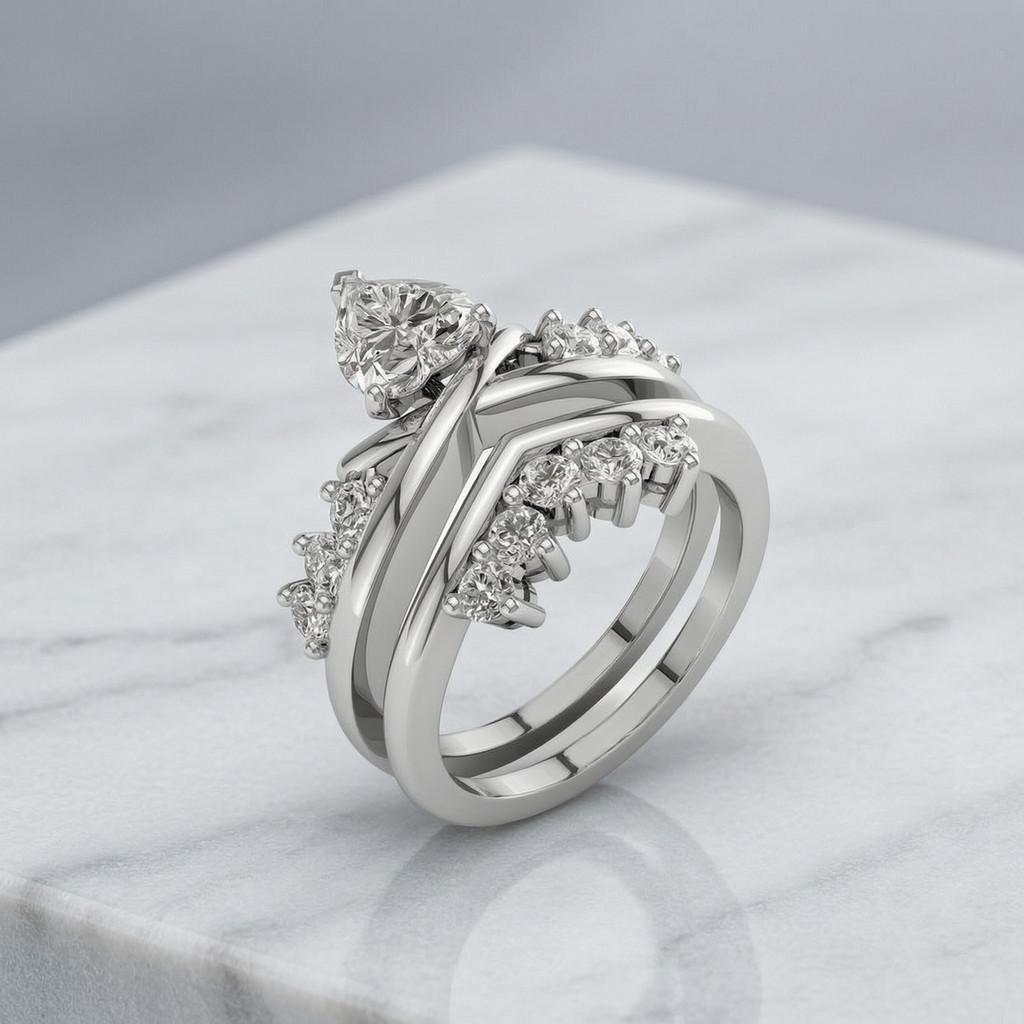 Elegant Heart Diamond Ring Set With Cross Design For Wedding And Anniversary Gifts