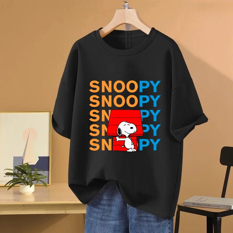 Snoopy Cartoon Anime Women T-shirt Summer Short Sleeve 100% Cotton Women Tee Shirts Tops 2025 New Fashion Couple Clothes