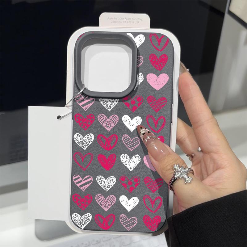 Pinker Liebesherzen-Druck Ledertextur TPU Matte Hülle Für iPhone 16 Pro Max 15 Pro 14 13 12 11 Weich Schlank Stoßfest Handyhülle