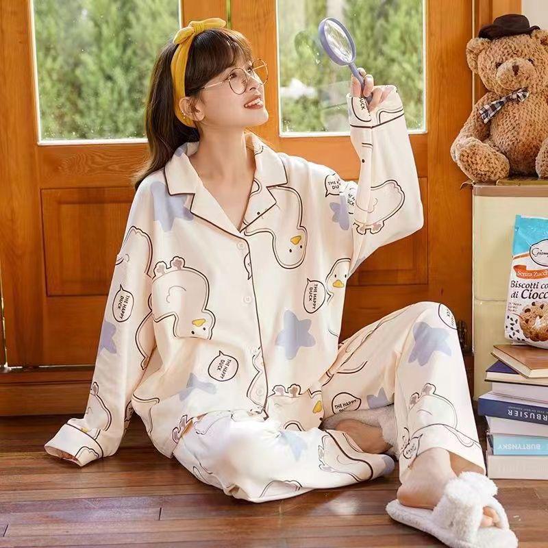 Women's Korean-Style Cartoon Pajama Set - 100% Cotton, Long-Sleeved, Suitable for Spring, Autumn, and Winter, with Cardigan for Home Wear.
